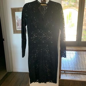 Nicole Miller stretch lace LBD with v-neck and nude slip lining, Size S NWOT